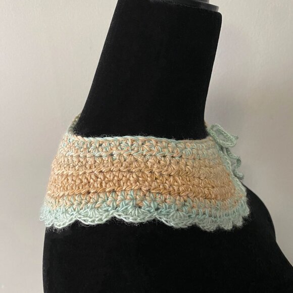 Handmade Crochet Light Teal Blue Gold Wool Blend Collar Neckwear Accessory - Picture 5 of 6